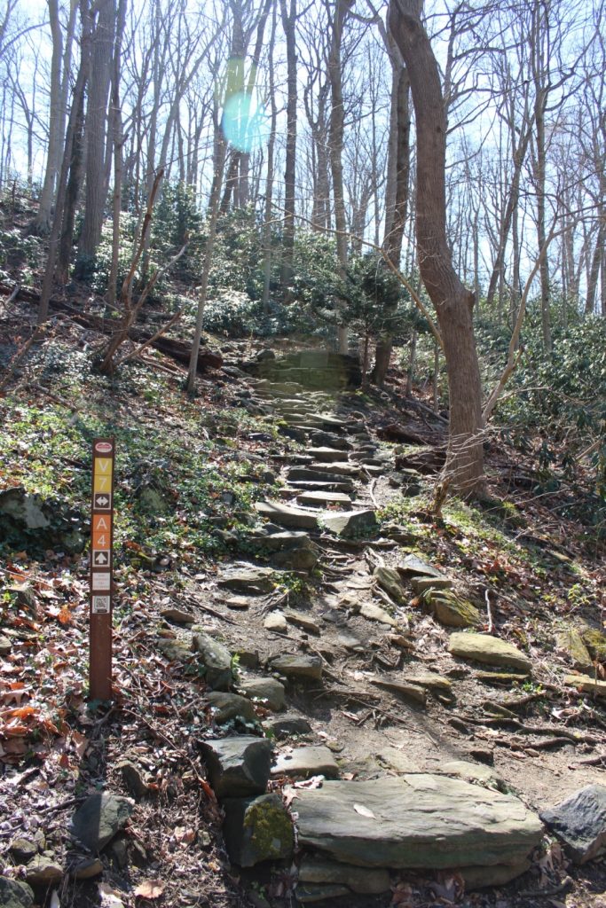 A trailpost indicates two trails intersect here. The trail ahead is large rocks and goes uphill. 